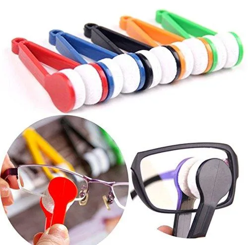 Five mini microfiber glasses cleaners with plastic handles in red blue black yellow green