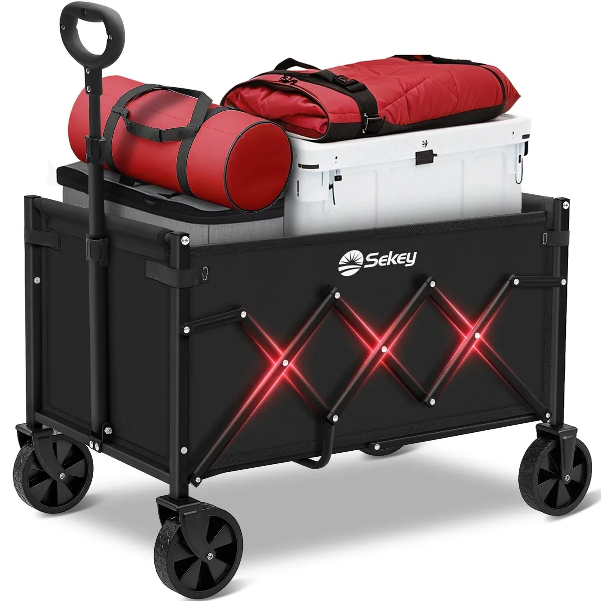 Black foldable wagon cart with steel frame, fabric body, four wheels and adjustable handle