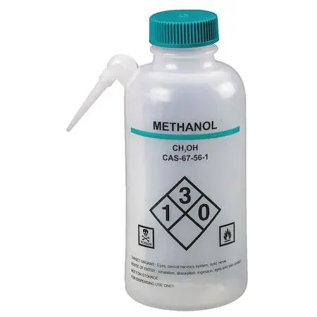 Four translucent white frosted 16 oz wash bottles with green caps and integrated spouts
