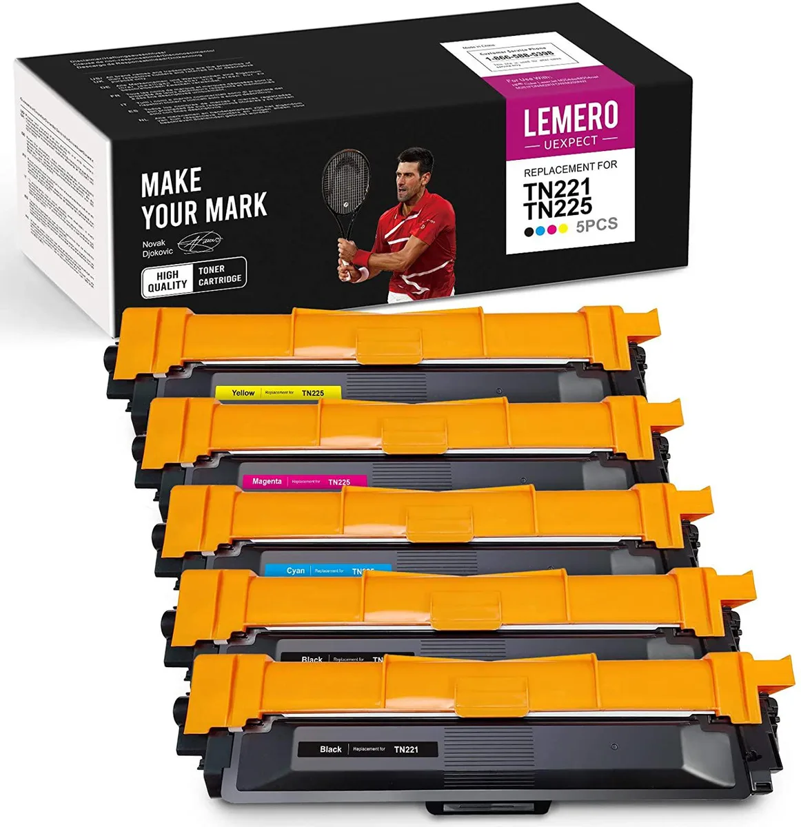 A rectangular cardboard box containing five toner cartridges in black cyan magenta and yellow