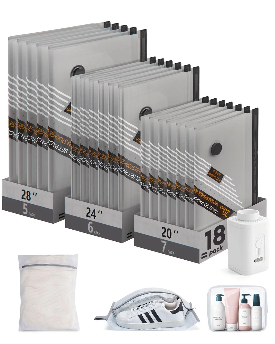 Grey travel vacuum bag set with wireless pump and assorted bags