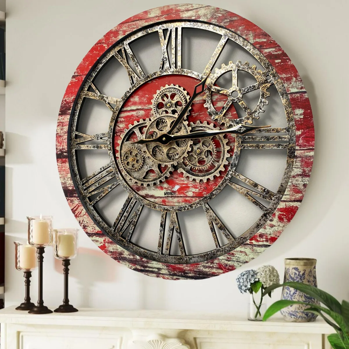 The Gears Clock The Gears Clock AMERICA 24 INCH ROUND Real Moving Gear Wall Clock Red — product photo