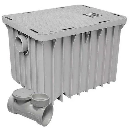 White rectangular plastic grease interceptor with gasket connections and access cover