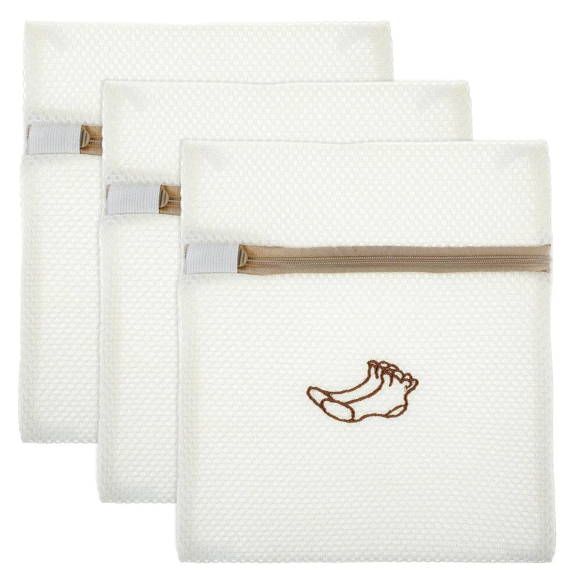 Three small grey mesh laundry bags with zippers