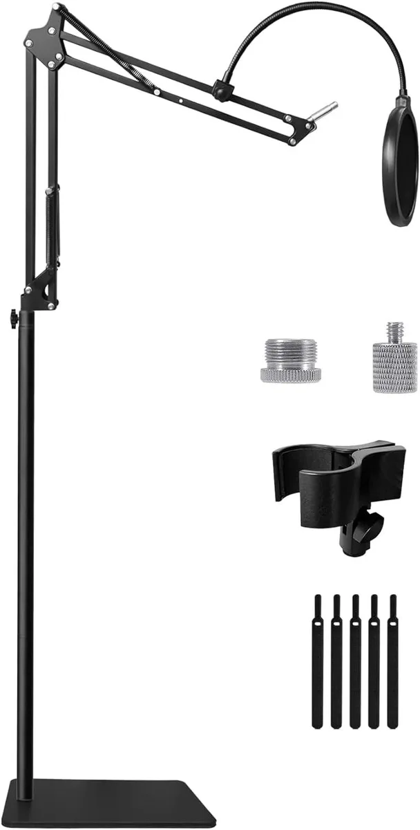 BFKK BFKK boom arm floor mic stand with weighted base and pop filter — product photo