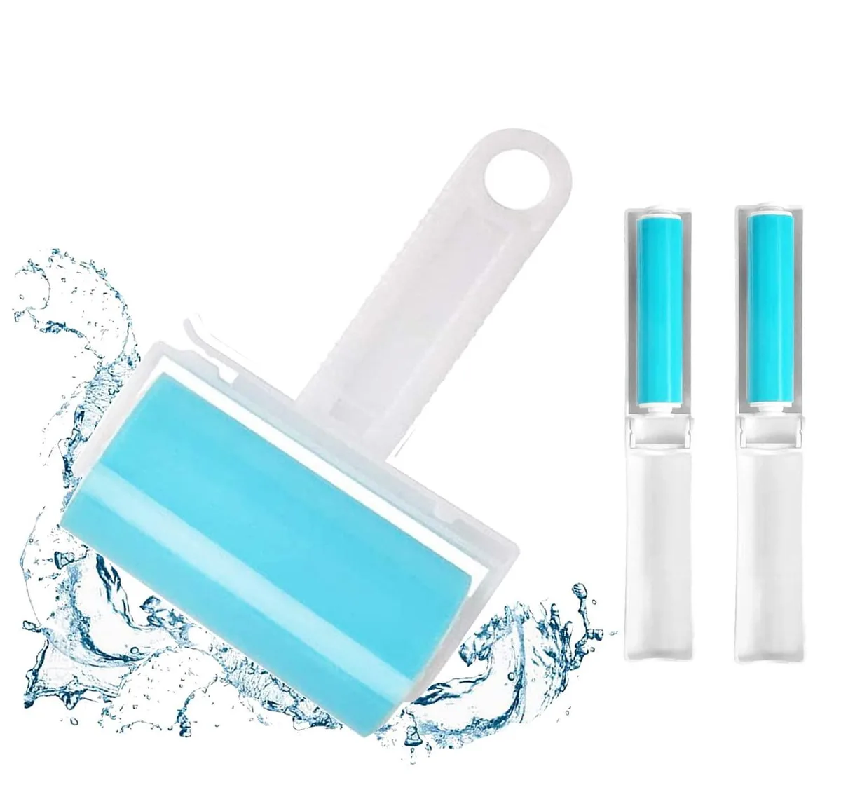 Three blue reusable lint rollers, one medium and two compact mini sizes