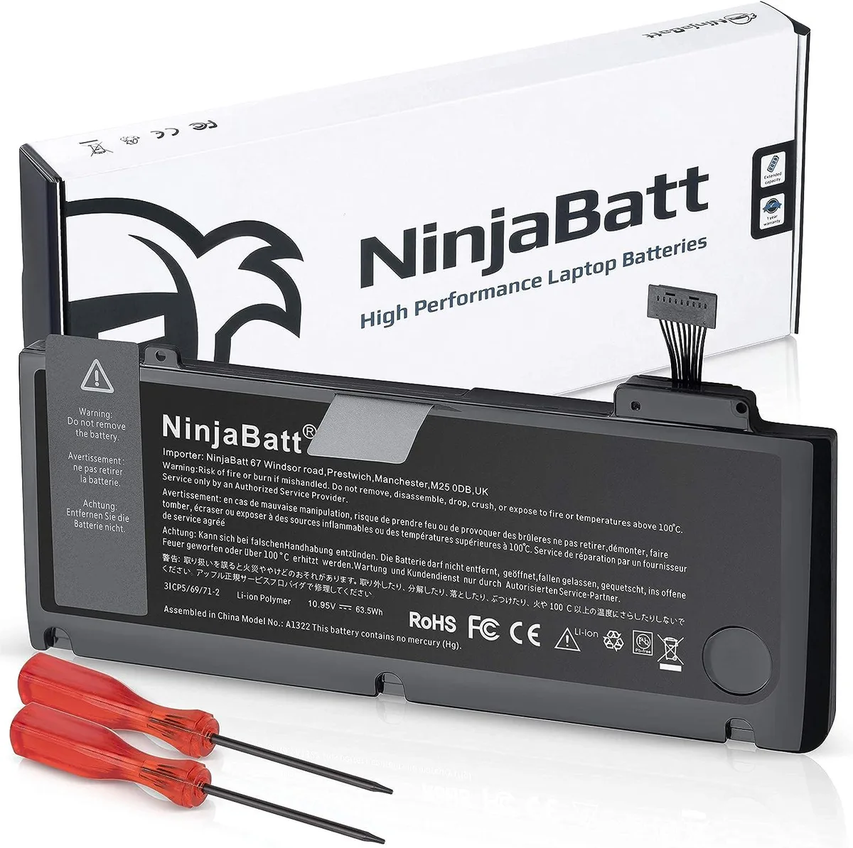 Rectangular lithium-ion battery pack, dark grey plastic casing, label with model numbers