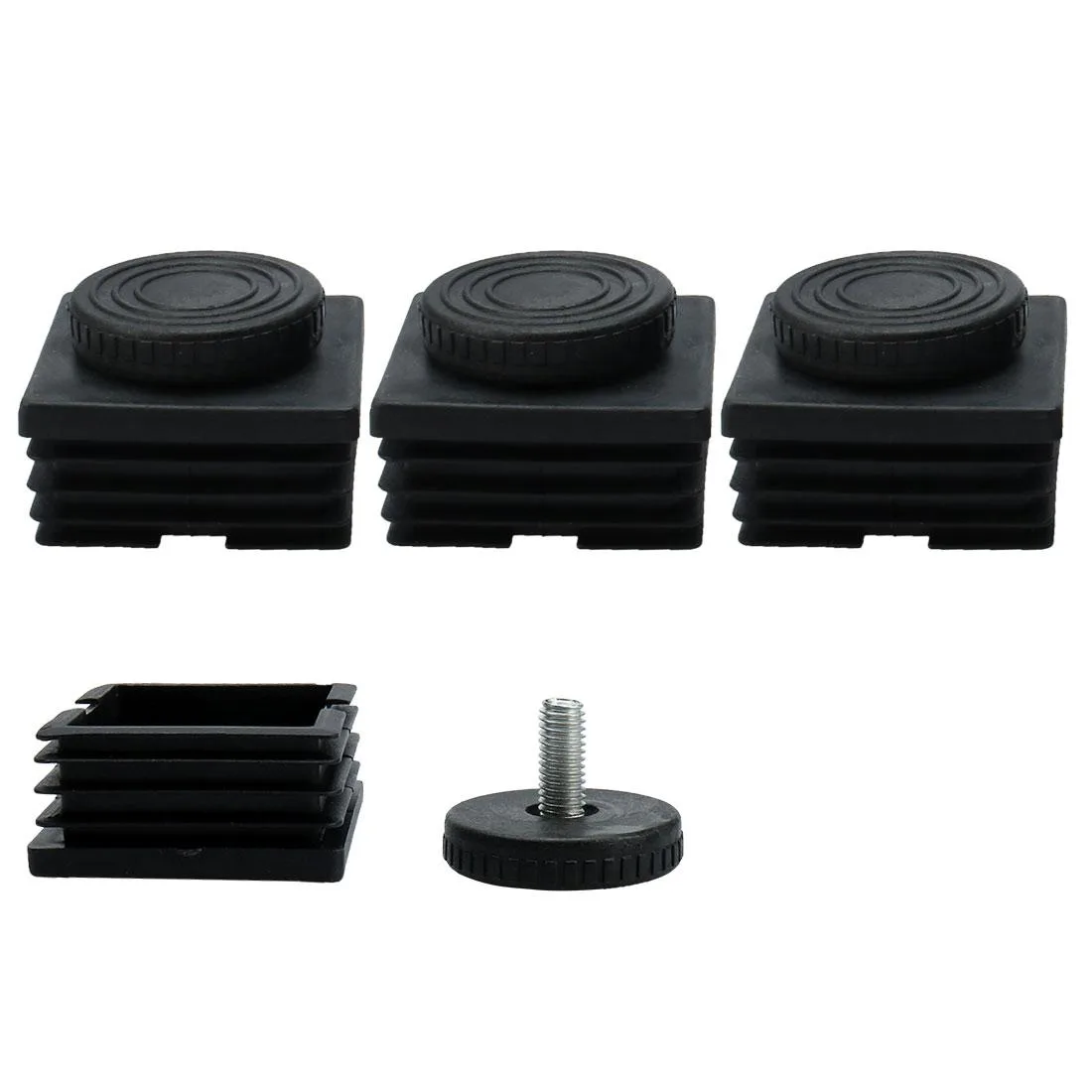 Four sets of M8 leveling feet with 50mm square tube inserts and plastic bases