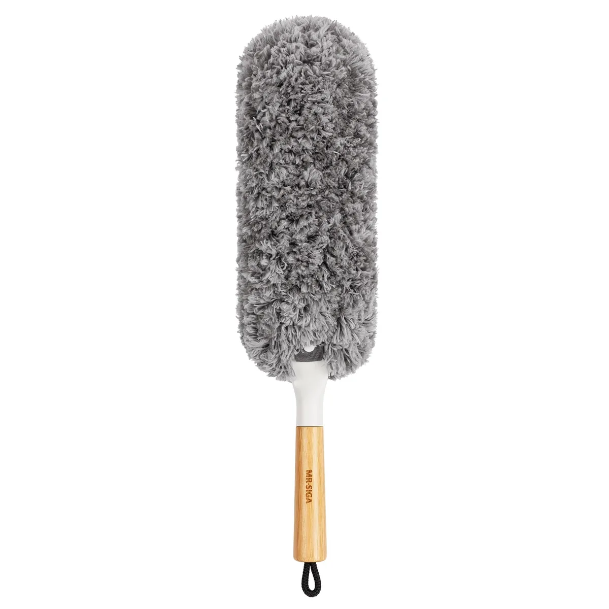 Gray microfiber duster with bamboo handle, 48 cm long, hanging loop