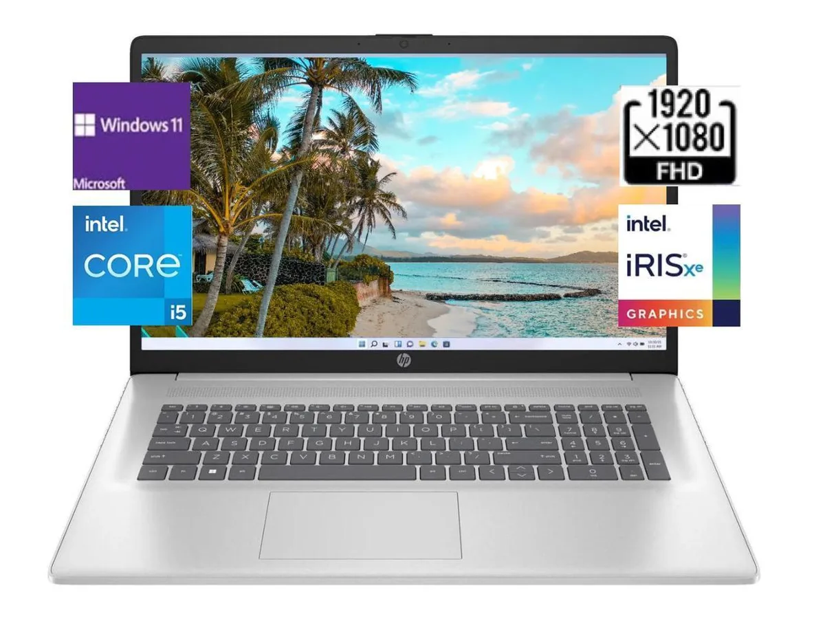 Silver 17.3 inch laptop with thin bezels and backlit keyboard