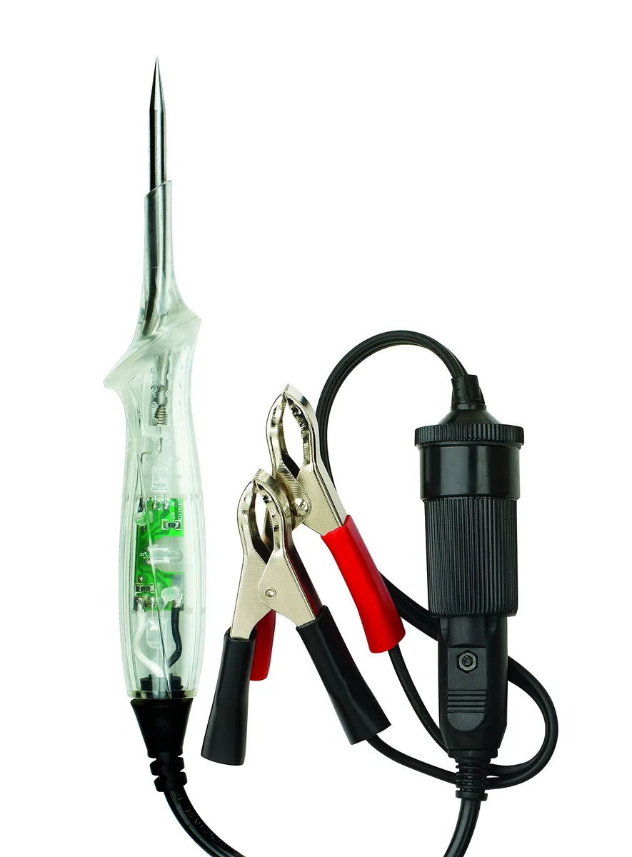 Innova 3420 Smart Test Light with transparent handle showing LEDs, cigarette lighter plug and alligator clamps