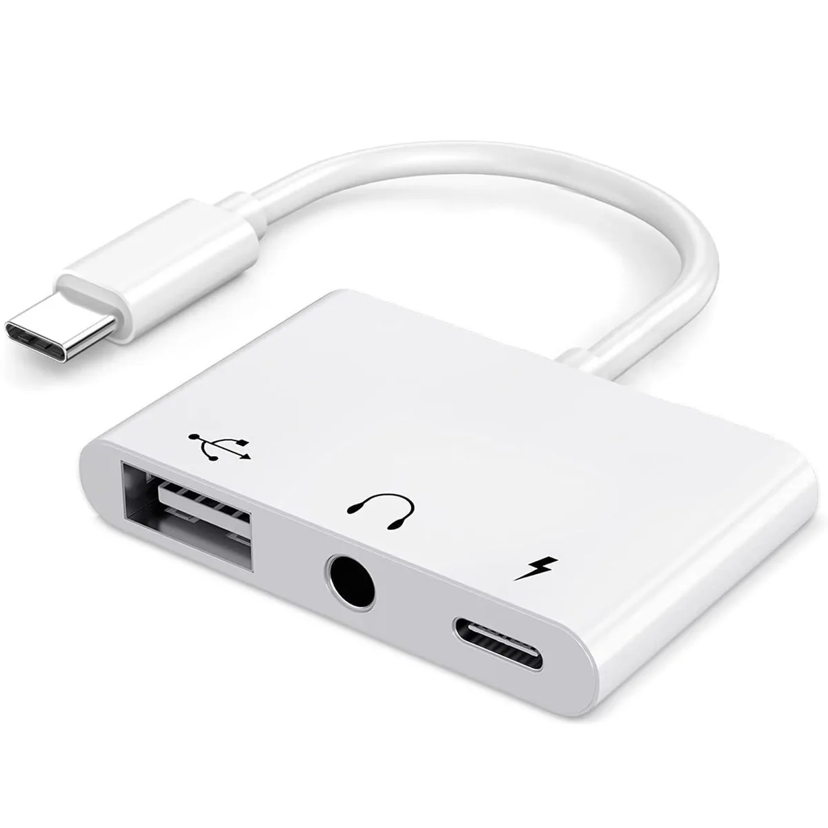 Small rectangular USB-C adapter with three ports: USB-A, 3.5 mm jack and USB-C PD charging port, matte finish