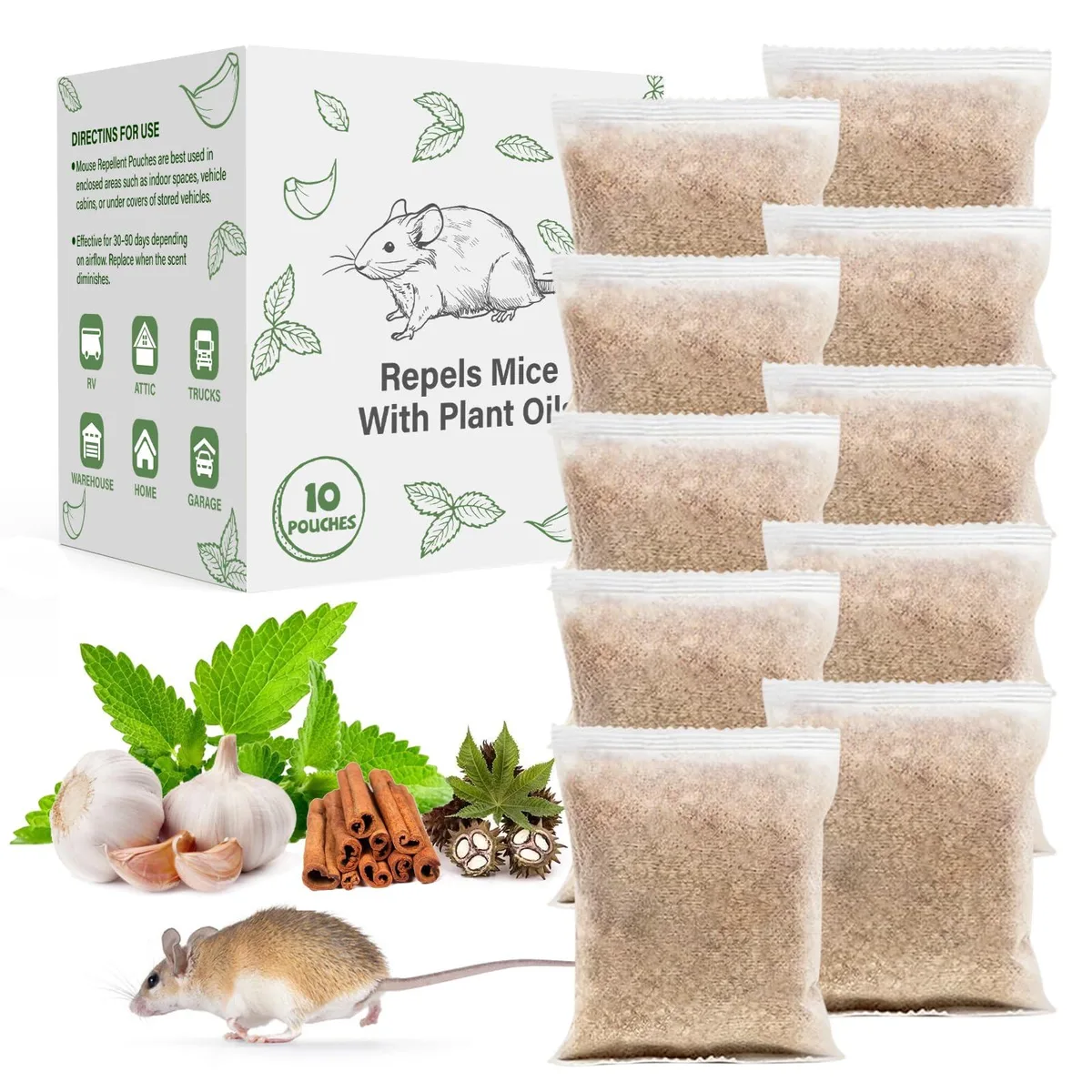 Ten peppermint oil rodent repellent pouches in mesh bags