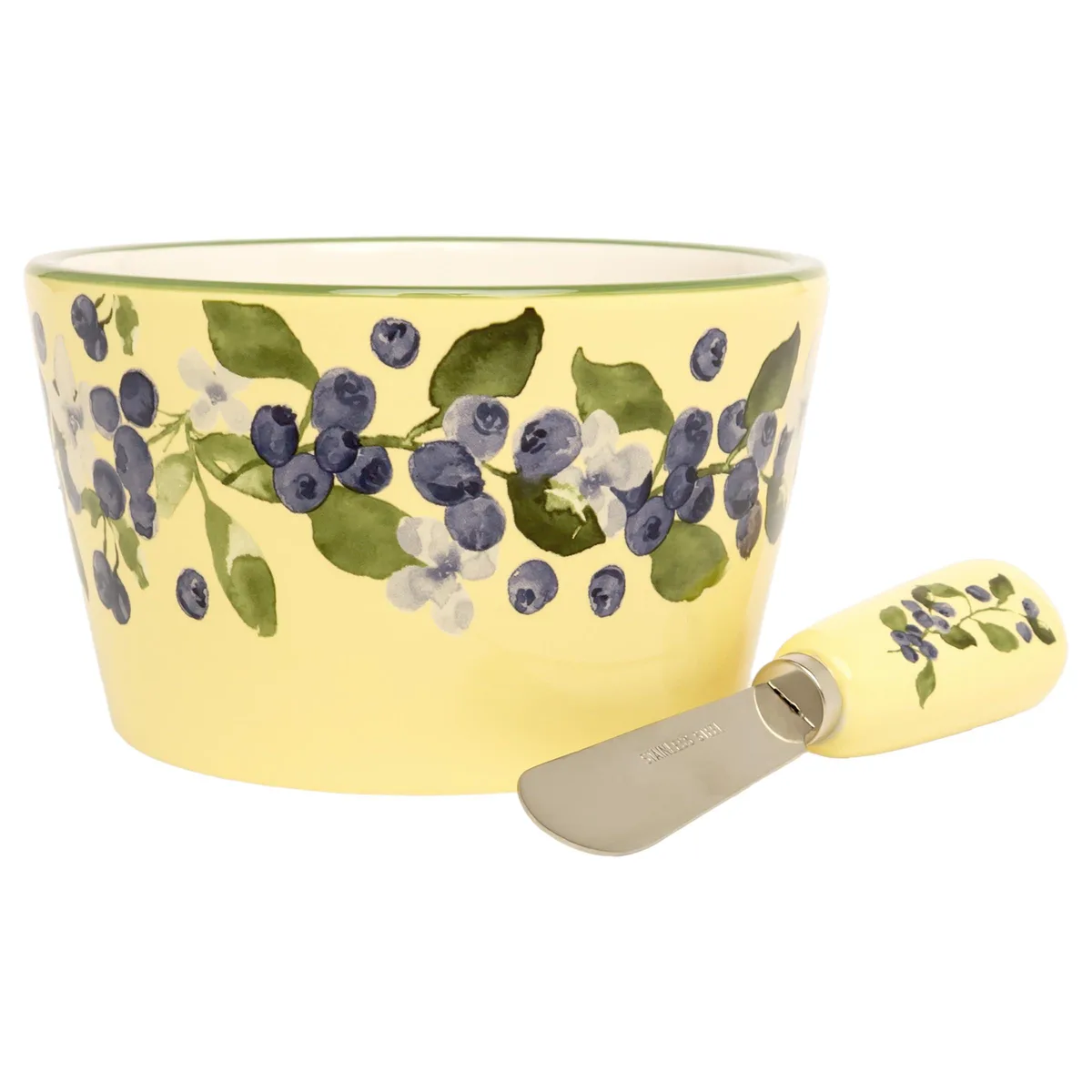 Small ceramic dip bowl with blueberry print and stainless steel spreader