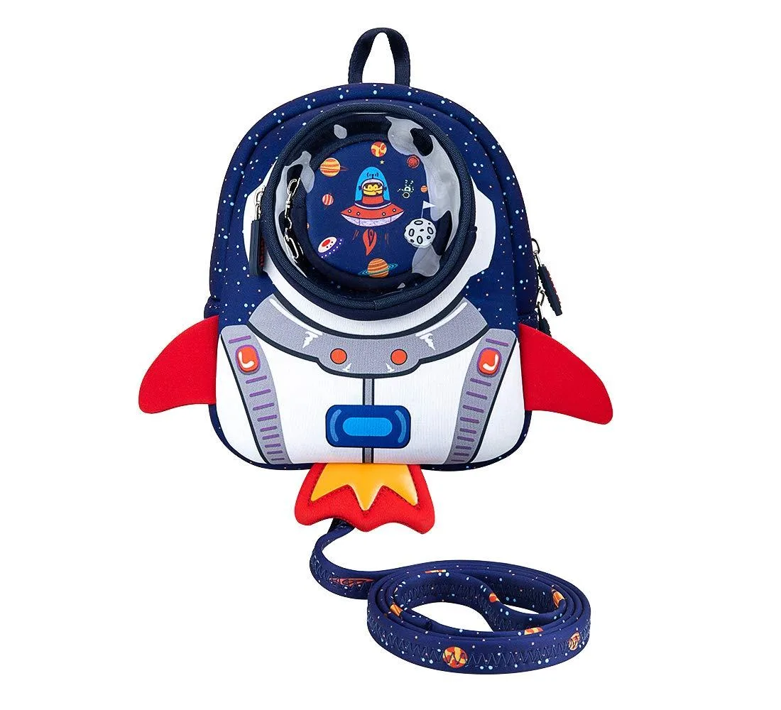 Blue rocket-shaped toddler backpack with detachable harness leash, neoprene finish