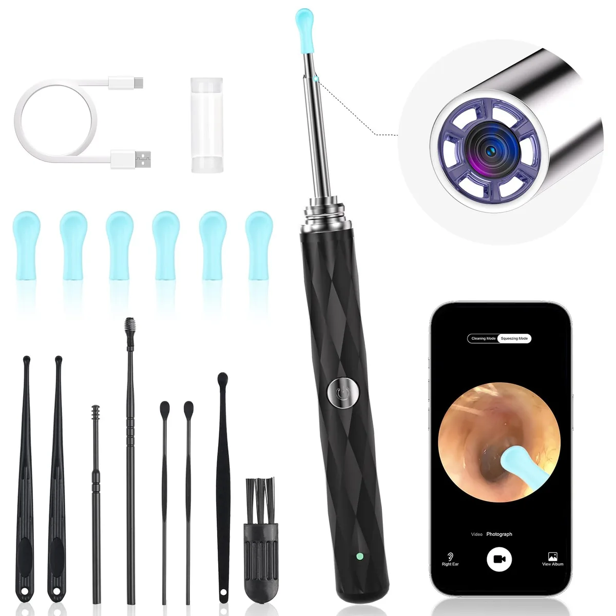 Black wireless ear cleaner with camera and six LED lights