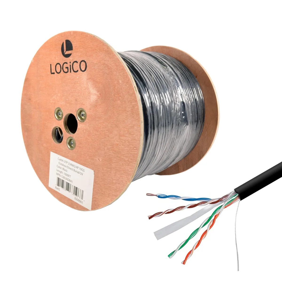 Logico Logico Cat6A UTP 1000ft Bare Copper Direct Burial 23AWG 10Gbps network ethernet cable — product photo