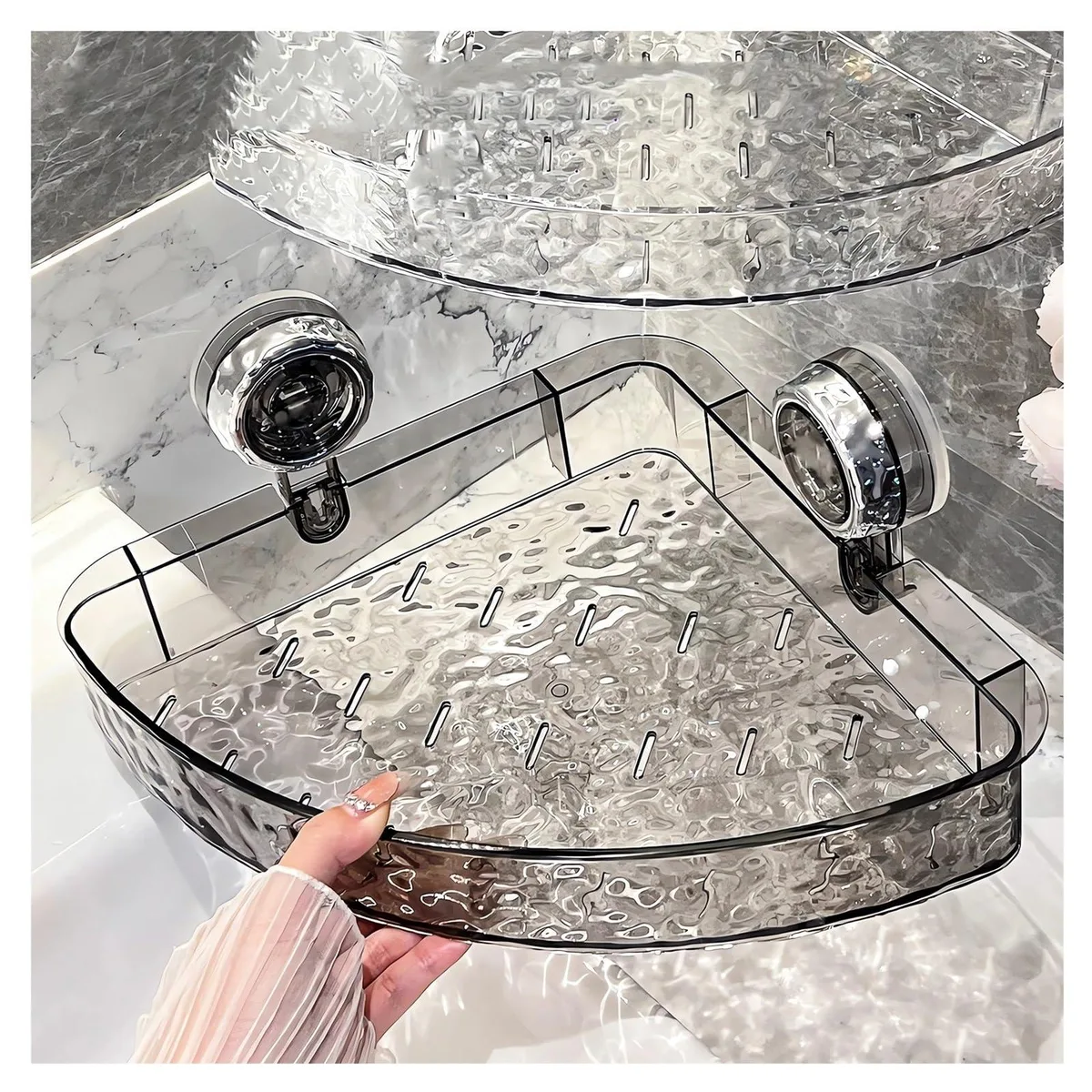 Corner shower caddy, clear acrylic, polished chrome, 16 in long, suction cups