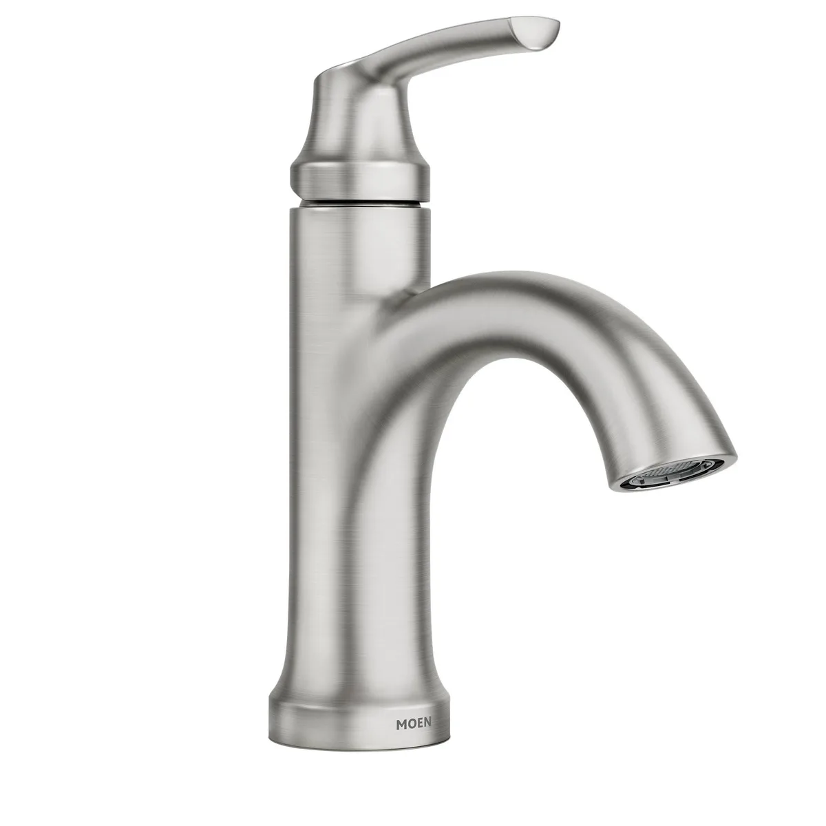 Moen Wellton single-hole bath faucet in brushed nickel with curved spout and lever handle