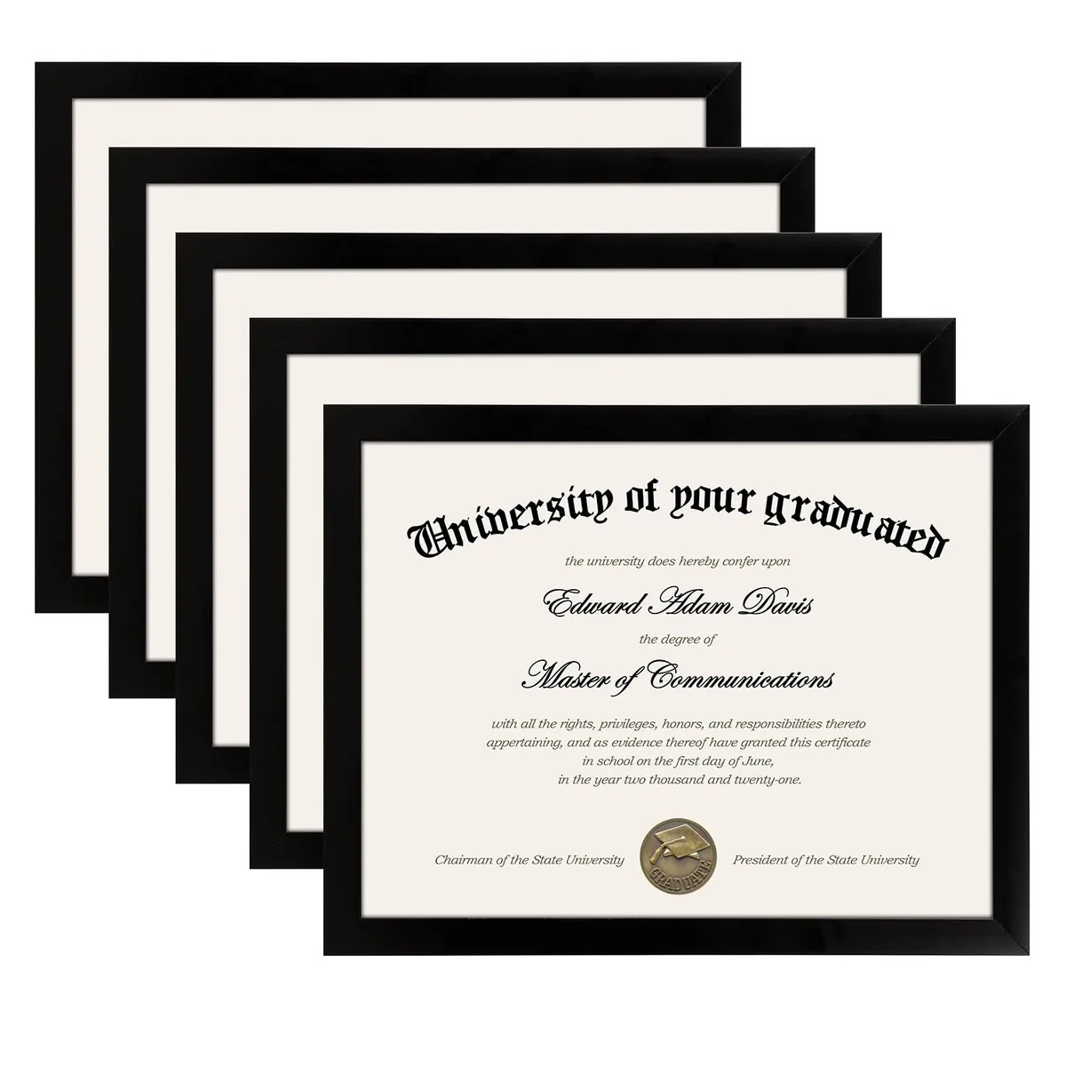 Five black plastic document frames 8.5x11 with glass and kickstands