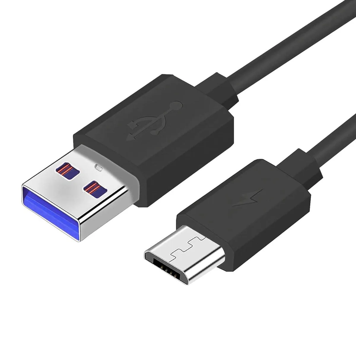 Black USB micro charging cable, five feet long, coiled