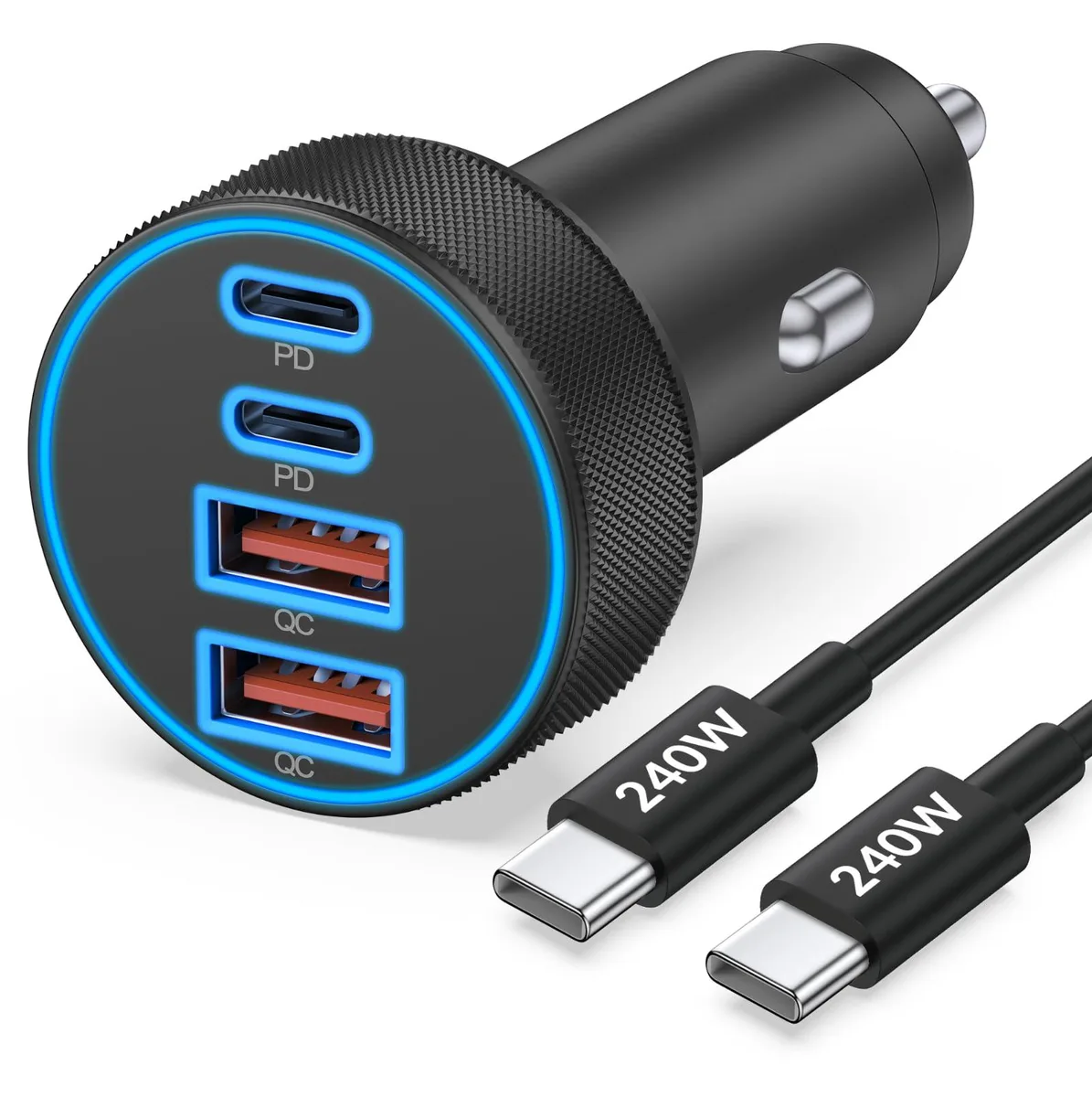 Black car charger with four ports and a coiled USB-C cable