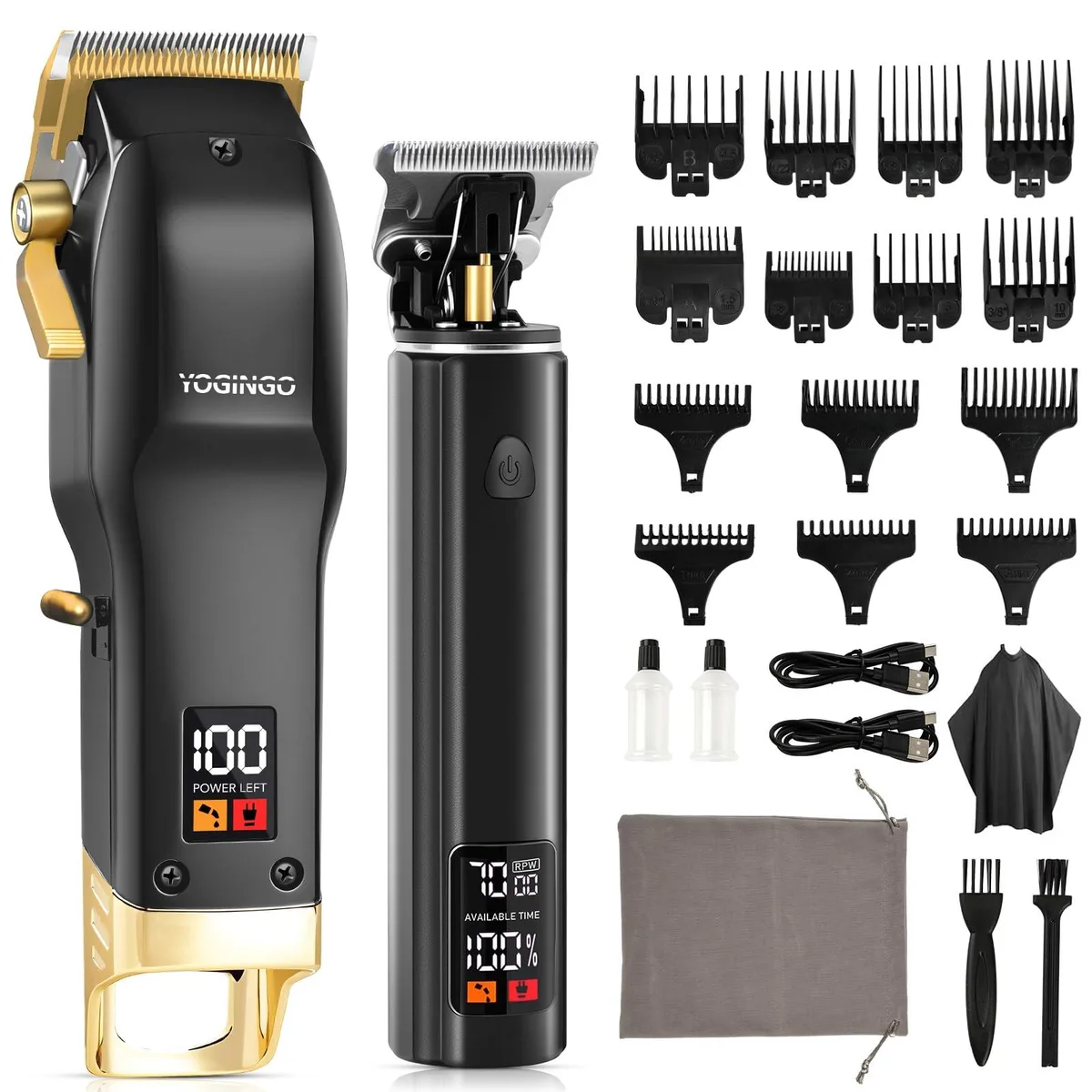 Silver cordless hair clipper and trimmer kit with 14 guide combs and LED display