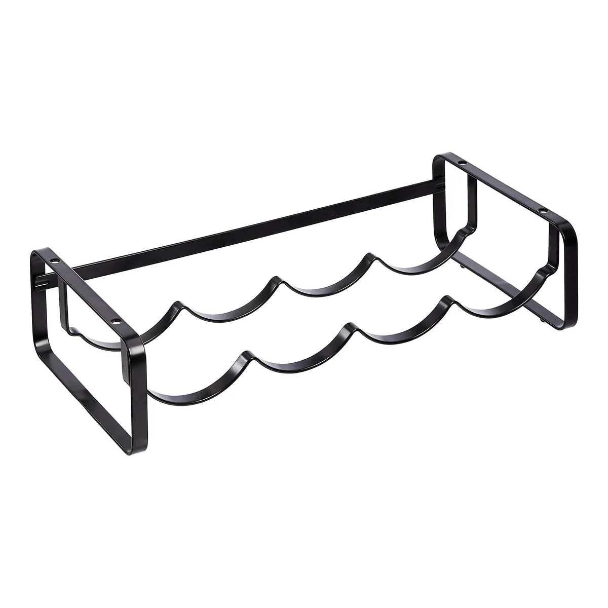 Black metal tabletop wine rack with wave design holding four bottles horizontally