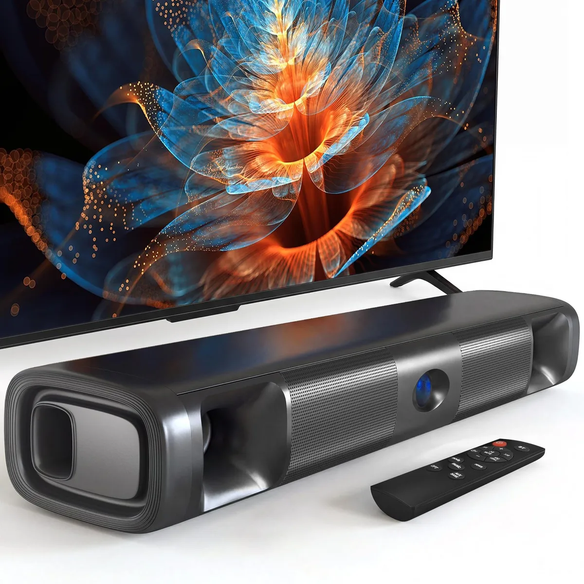 Slim black soundbar with side controls and rear ports