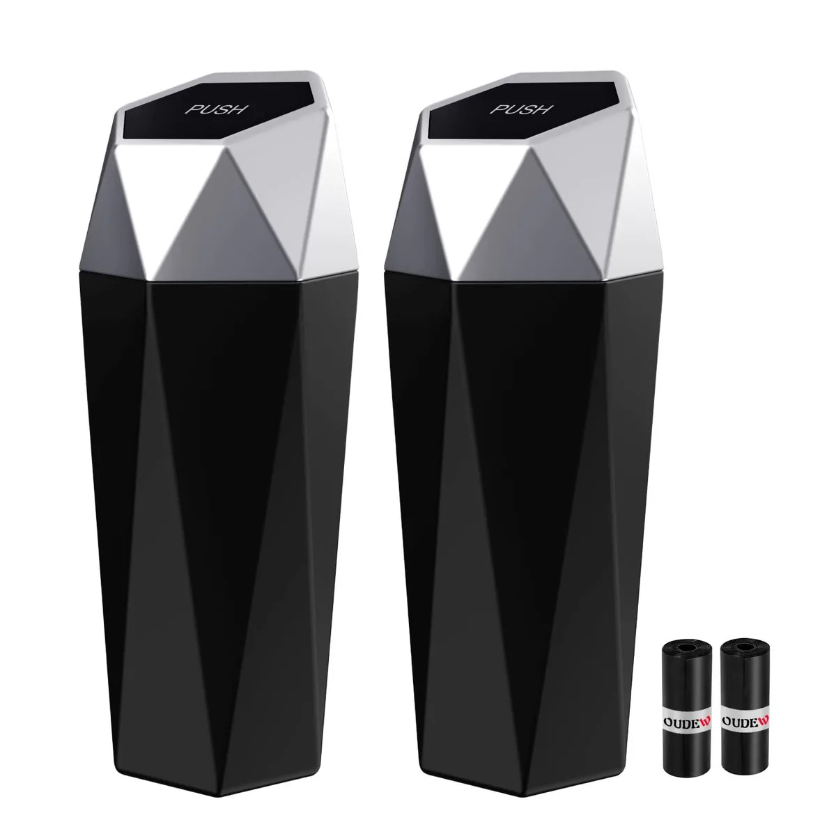 Three small white cylindrical bins with flip-top lids