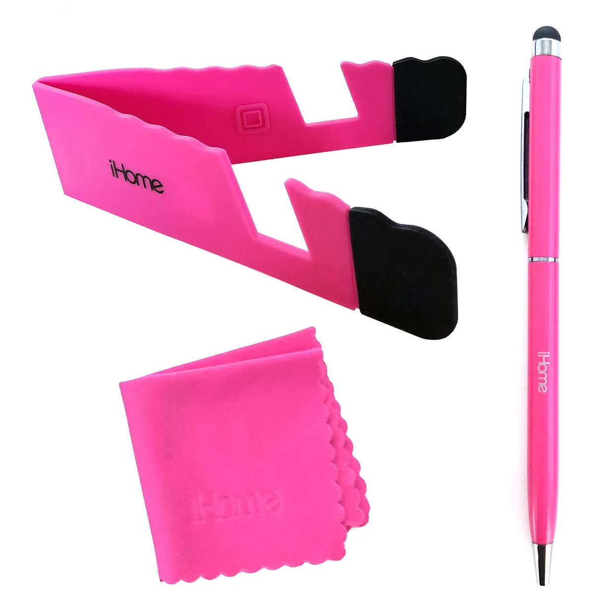 Pink microfiber cloth, silver stylus pen and foldable stand in a bundle