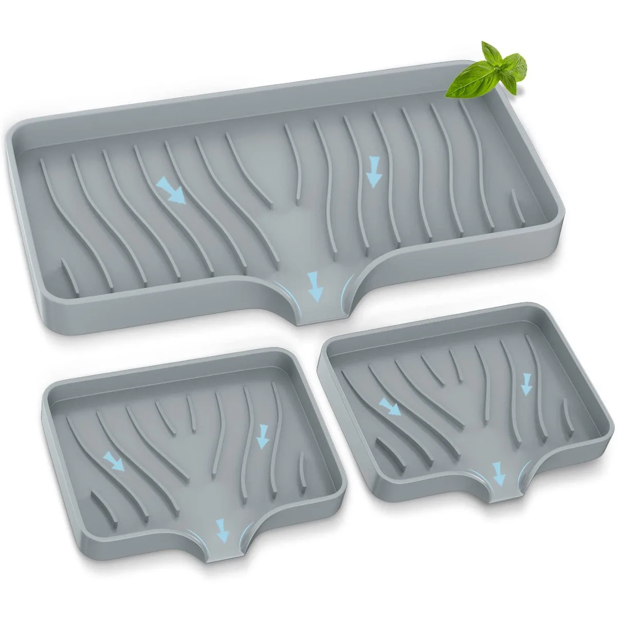 Three flexible silicone sink trays, one large and two small, with sloped ridged bases and corner spouts