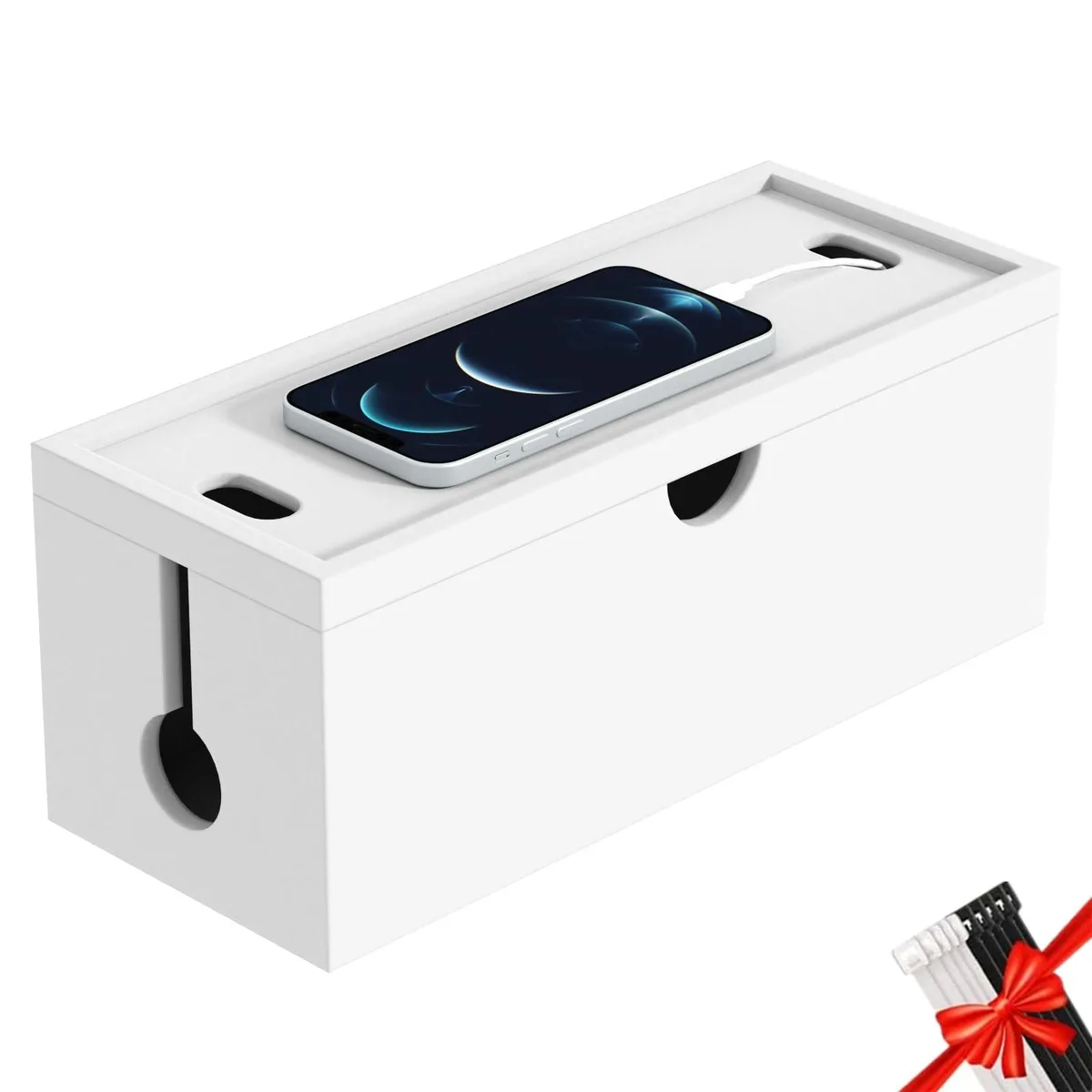 White bamboo cable box with magnetic lid and side slots