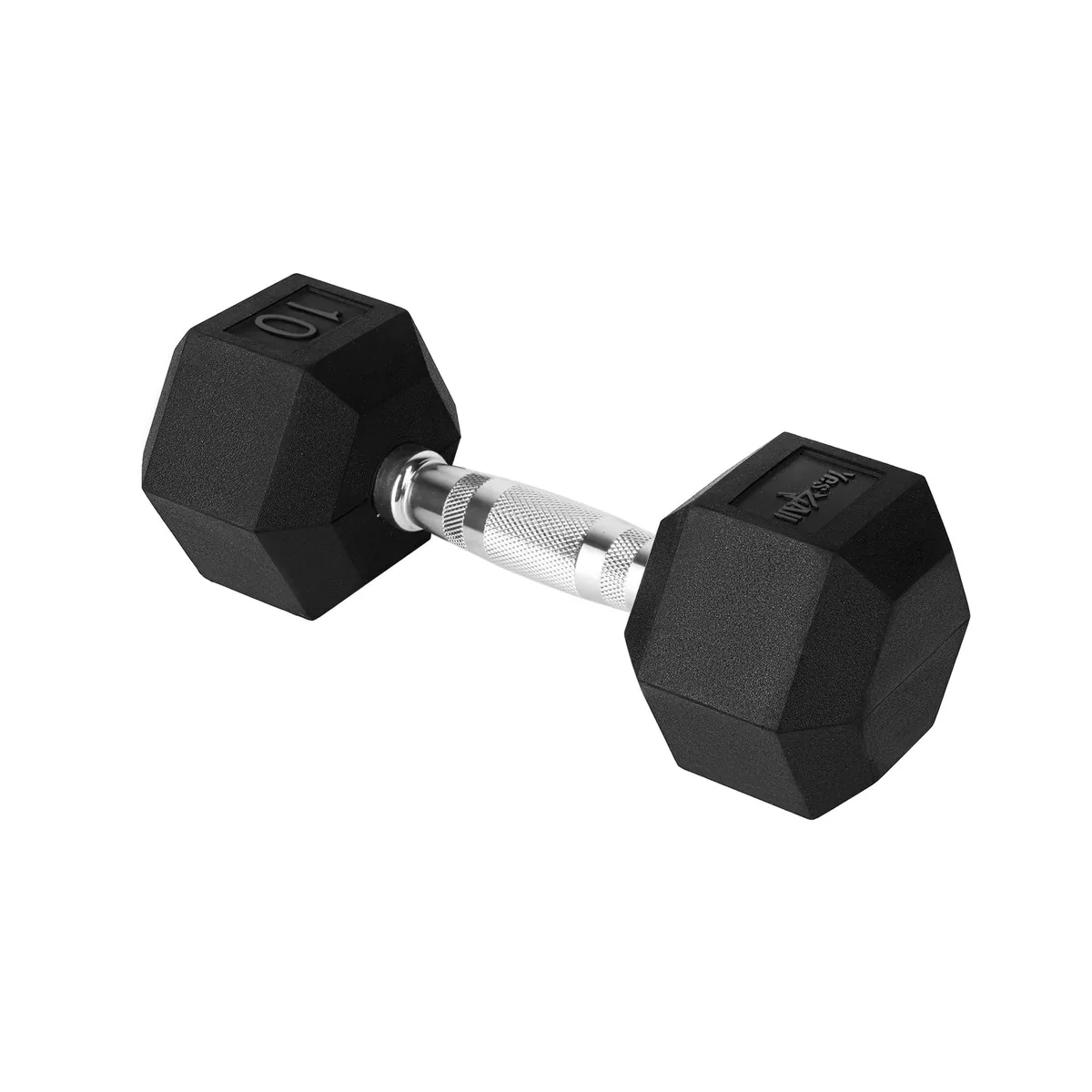 Single 10 lb cast iron hex dumbbell with rubber coating and knurled chrome handle