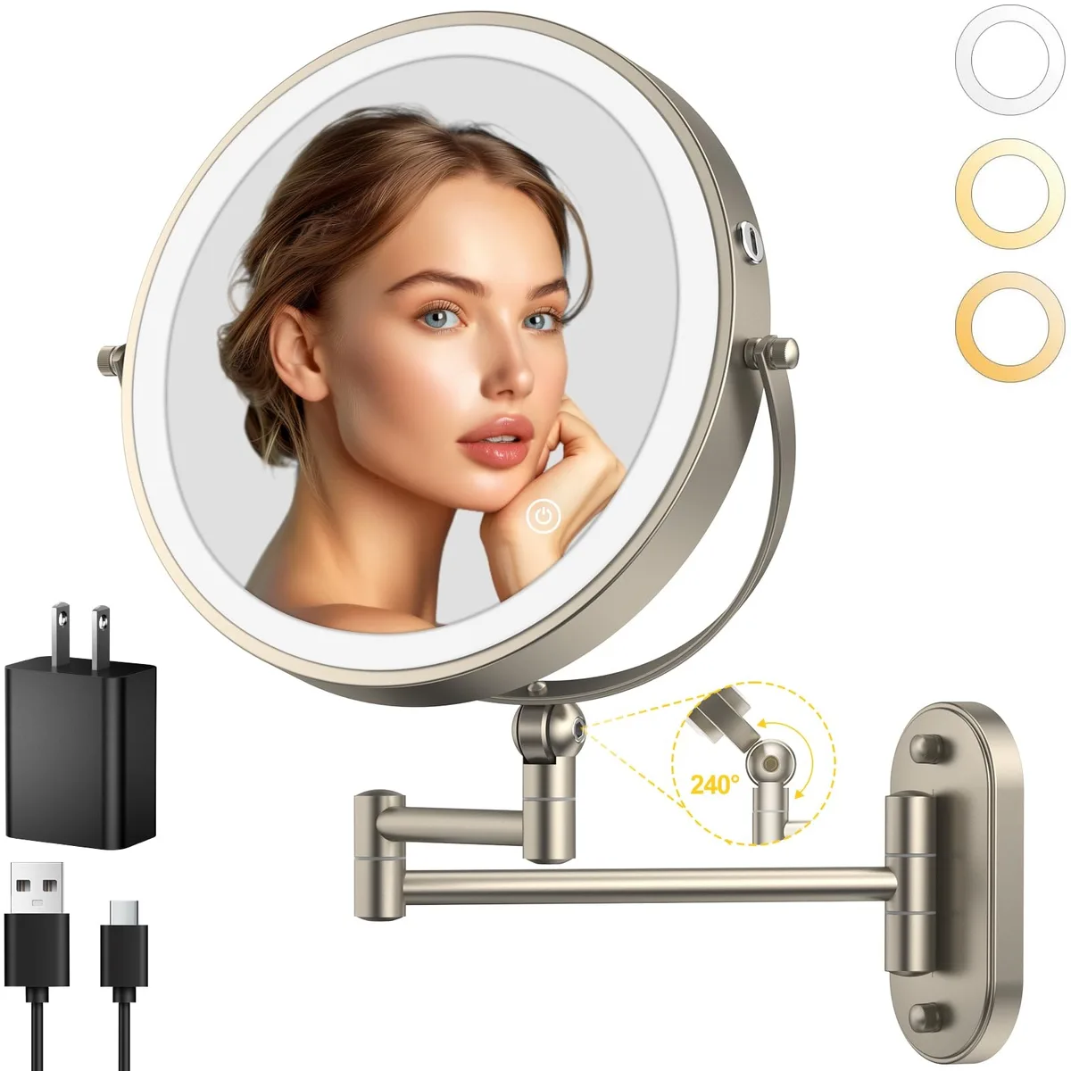 IMIKONA 9" Wall Mounted Lighted Makeup Mirror 4000mAh 1X/10X 3 Color Touch Dimmable 360° Brushed Nickel — product photo
