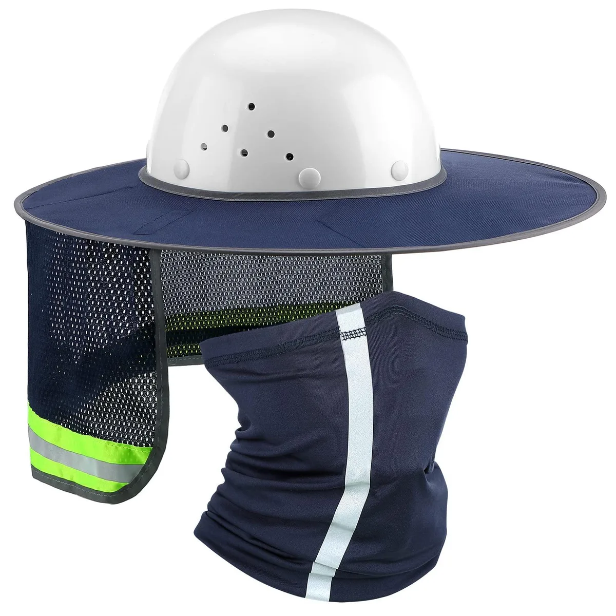 Navy blue hard hat sun shade with reflective neck gaiter