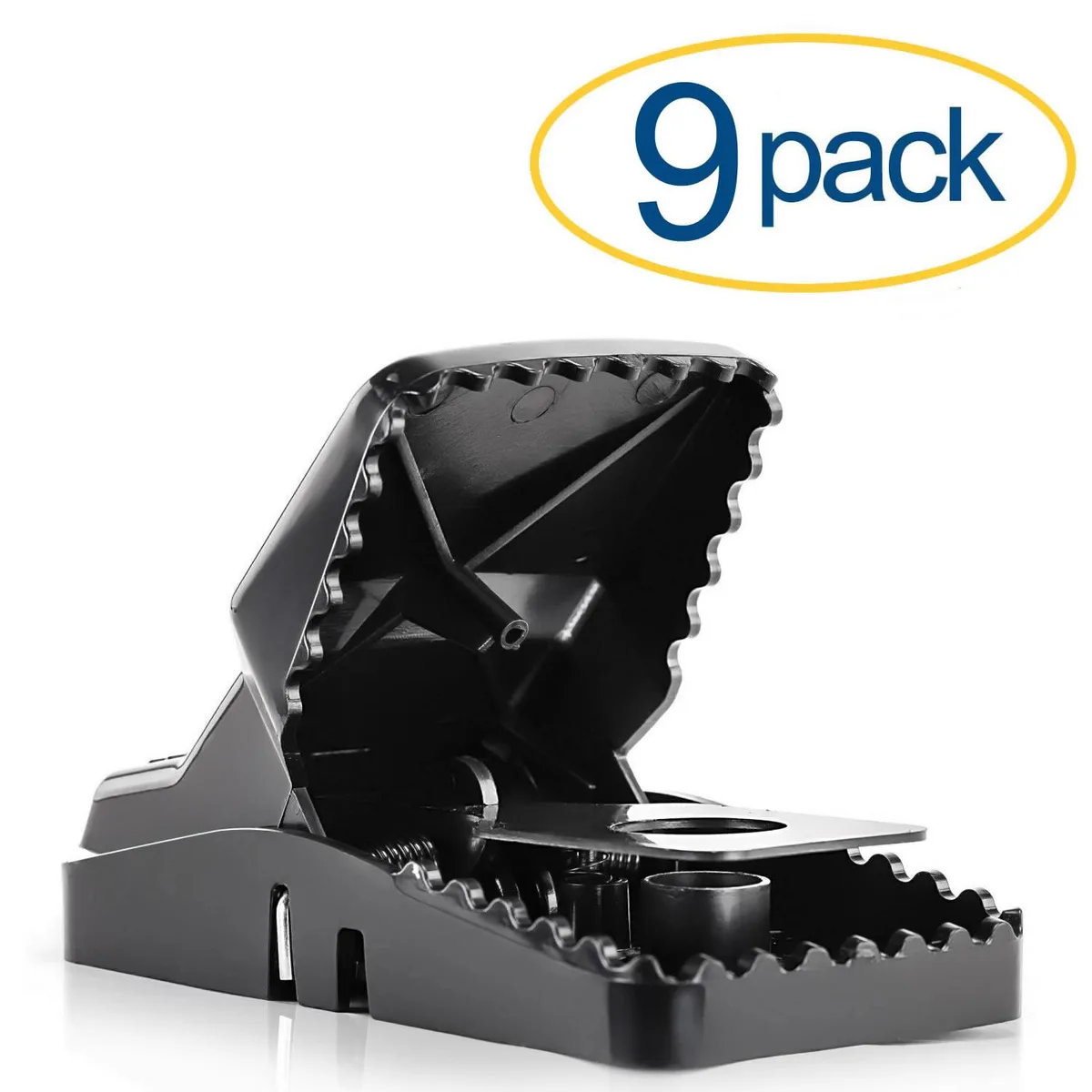 Nine black plastic tunnel traps, each about 5.5 inches long, in a pack of 9