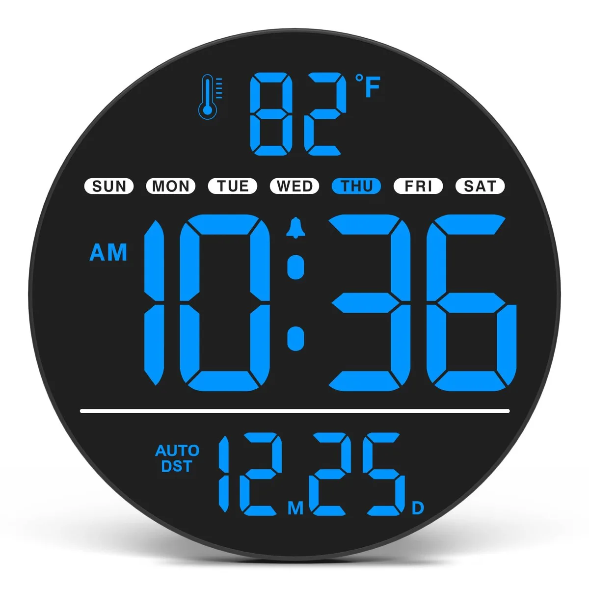 Blue rectangular digital wall clock 8.0 in wide with LED display and foldable stand
