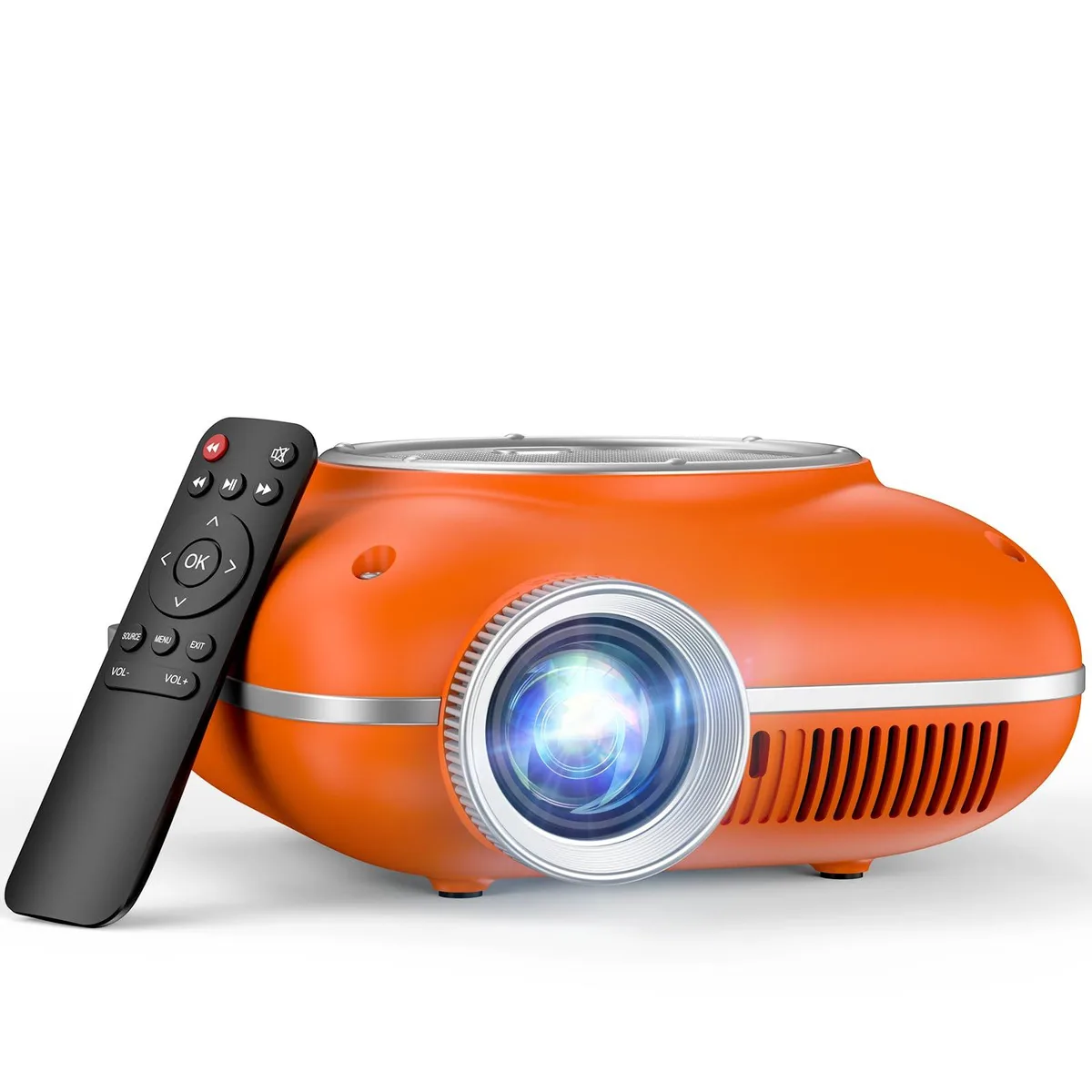 Compact orange cube projector, 4.9 inch square by 2.1 inch deep, matte finish, lens centred on front face