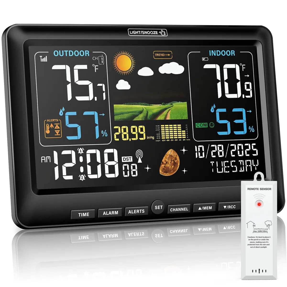 Black weather station with 7.5 inch color display and wireless sensor