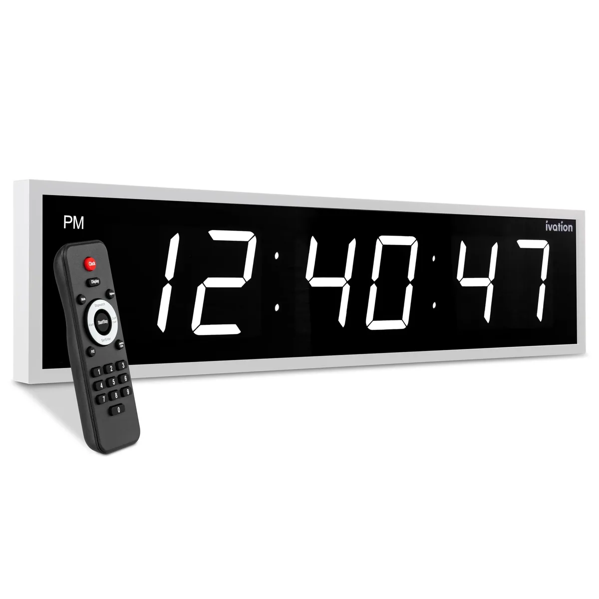 White rectangular 24 inch digital LED clock with large digits and remote control
