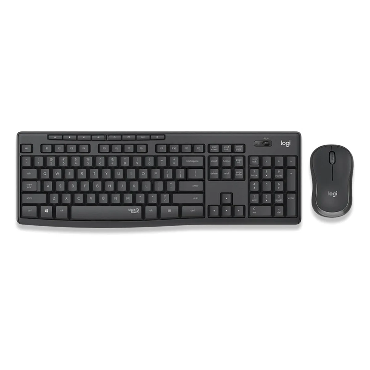 Black full-size wireless keyboard and mouse set with USB receiver