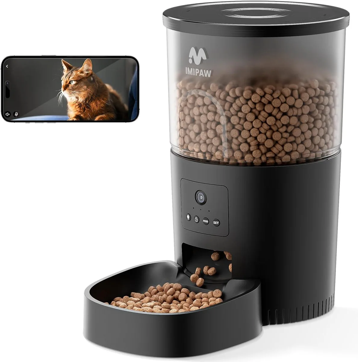 Black automatic cat feeder with camera lens and speaker grille, upright rectangular shape