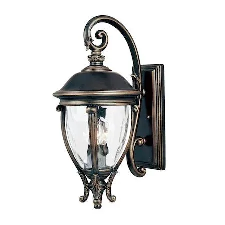 Golden bronze outdoor wall light with three lights and water glass panels, 11 inches wide