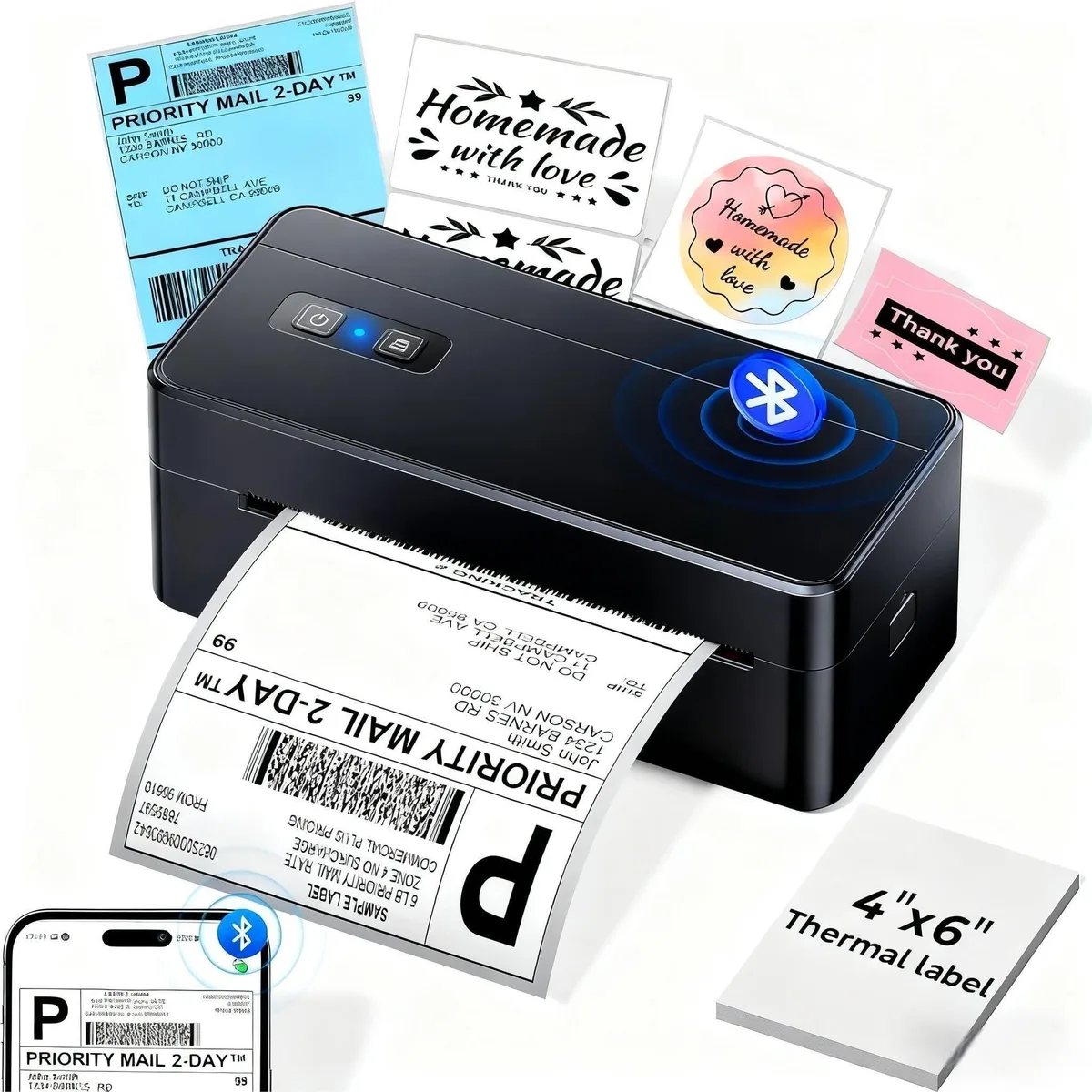Compact white rectangular thermal label printer with rounded edges and Bluetooth logo visible