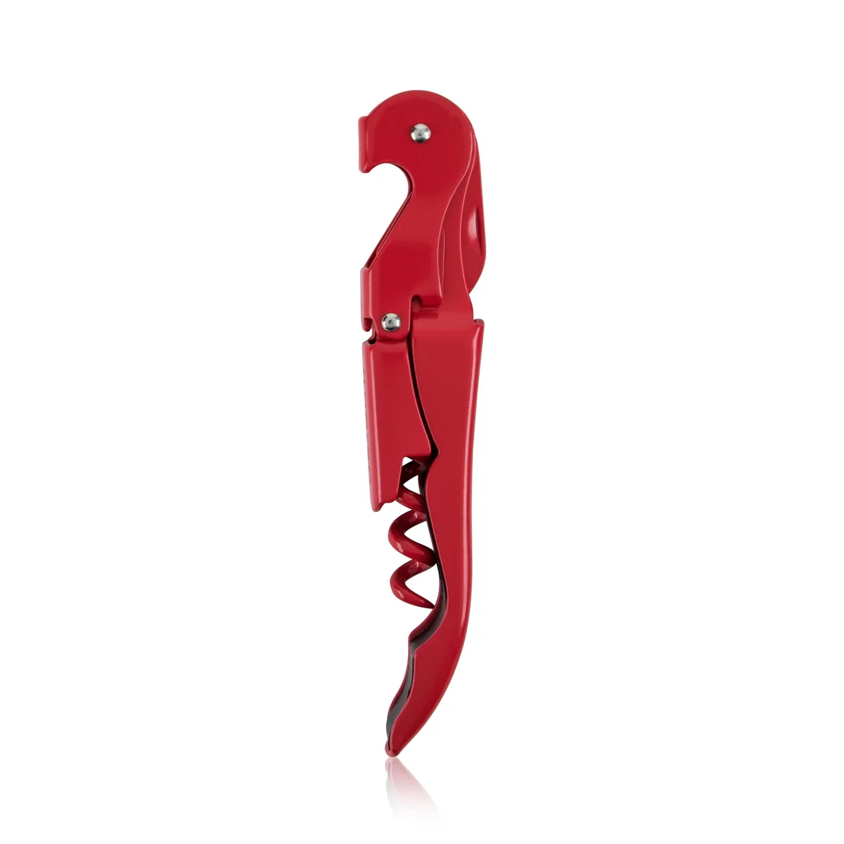 Red double-hinged corkscrew with foil cutter and bottle opener, stainless steel and plastic, compact 4.75 inch form