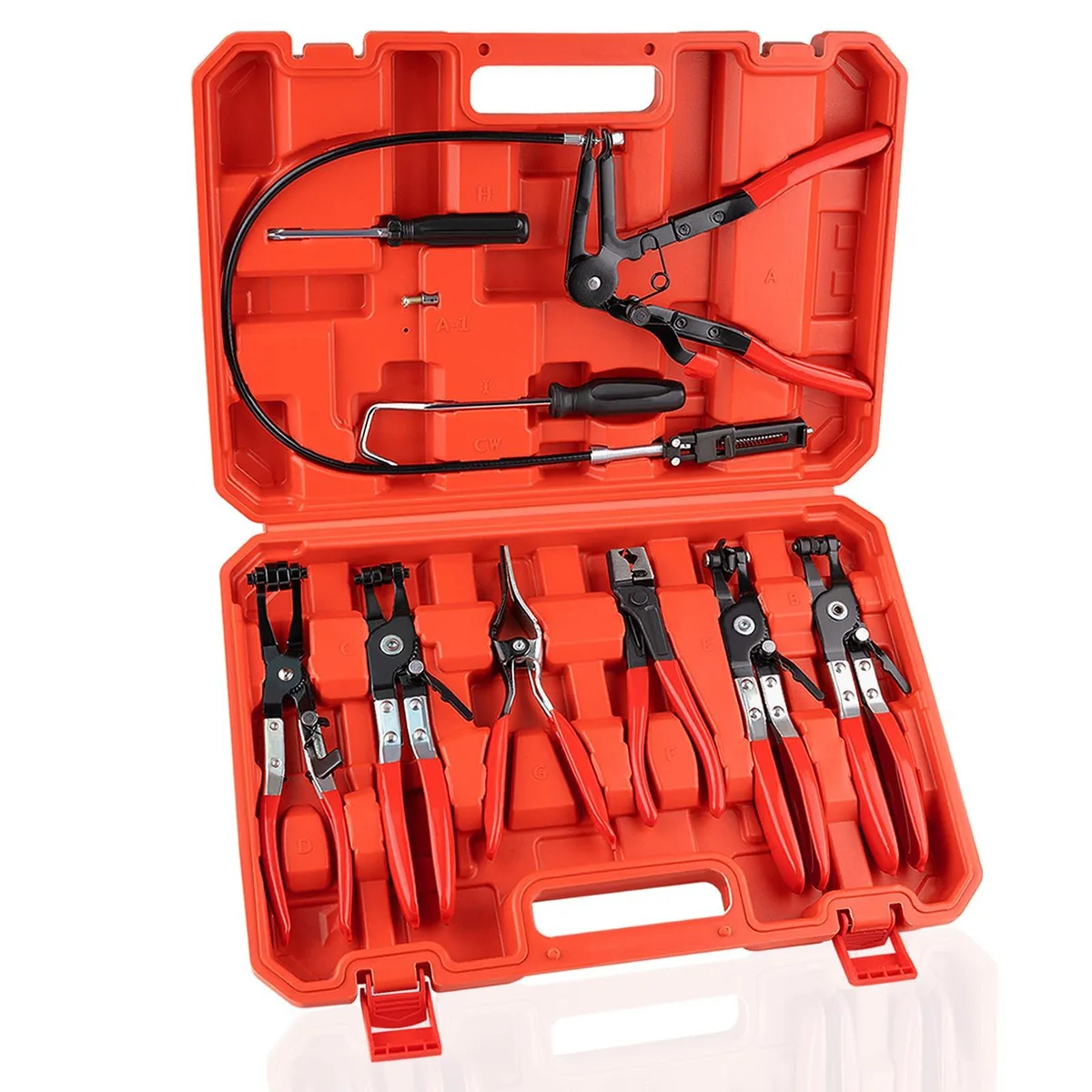 Nine red-handled steel hose clamp pliers with flexible cables and flat jaws in a case