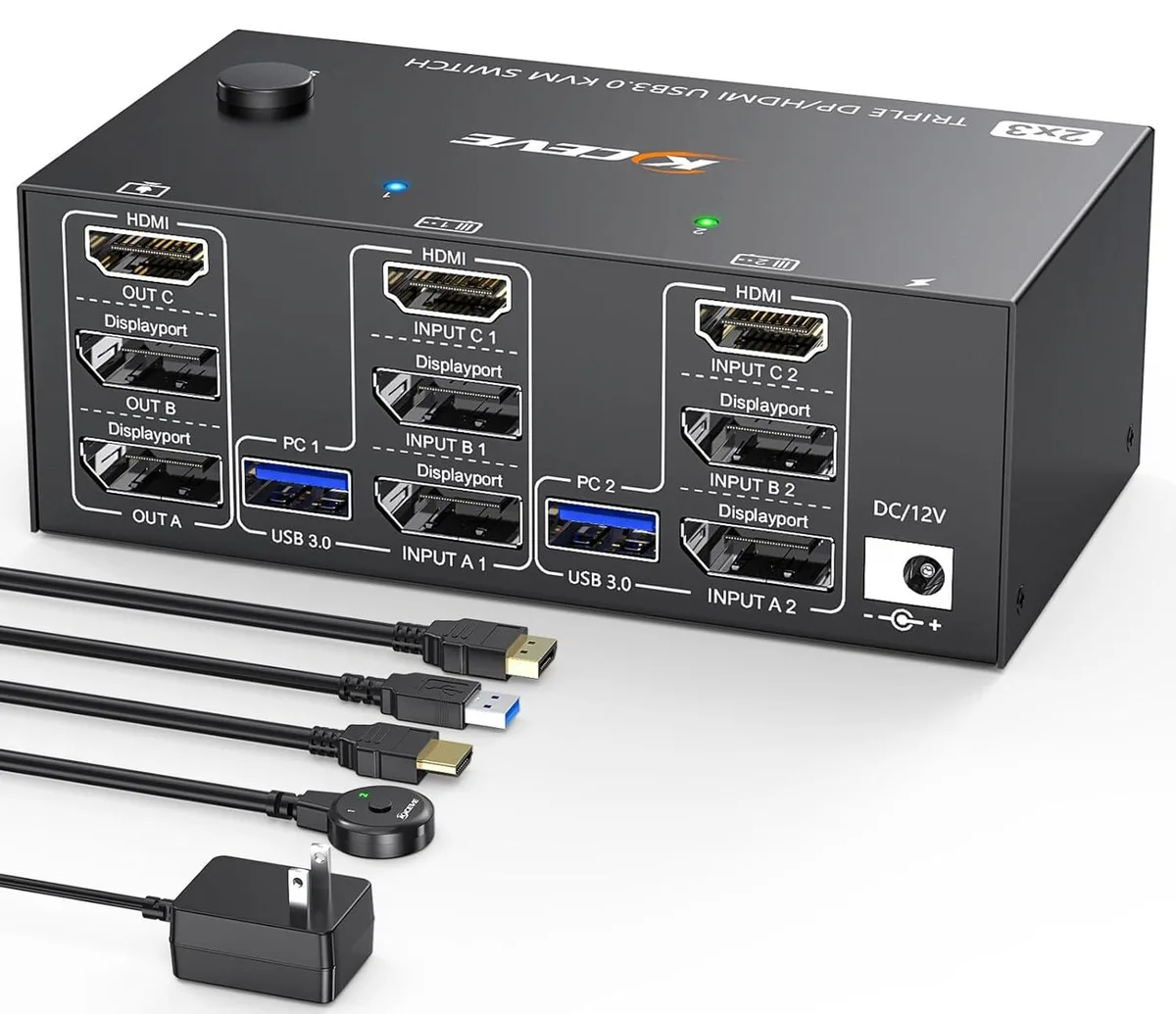 FOCUSTEC FOCUSTEC Triple Monitor KVM Switch 3 Monitors 2 PCs 8K@60Hz 4K@144Hz 4 USB 3.0 Wired Remote — product photo