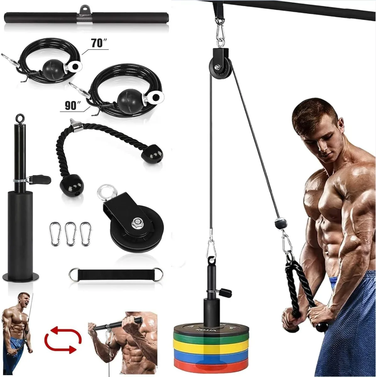 Dual cable pulley system with loading pin, 20 inch straight bar and triceps rope