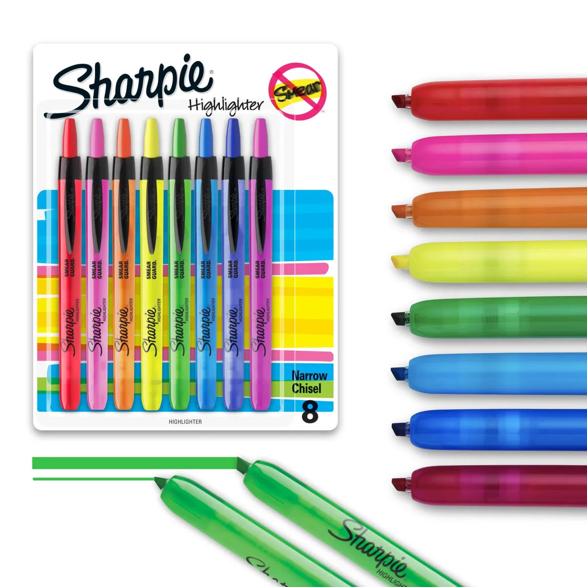 Eight retractable highlighters in assorted fluorescent colours, chisel tips, pen-like plastic barrels